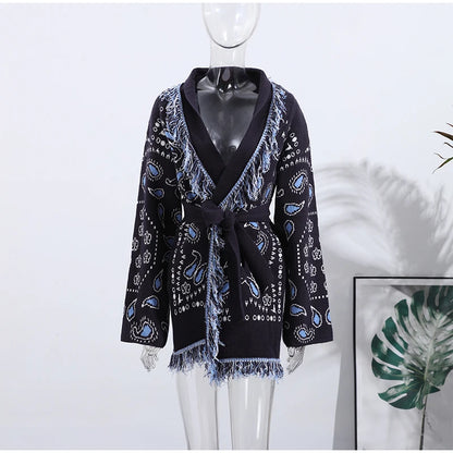 Tassel Patchwork Printed Cardigan Women Geometric Patterns Belts V-neck Long Sleeve Knitted Street Lady Sweater 2025 Autumn Coat - Smarsty