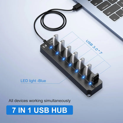 USB 3.0 Hub 7 Port High Speed Powered Switch Cable