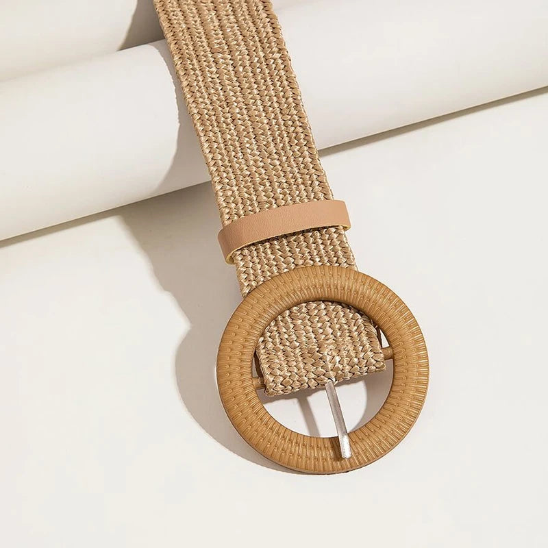 Women Boho Straw Belt with Round Buckle for Beach - Smarsty
