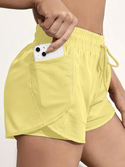Women's Elastic Sports Shorts, Shorts With Pockets, Fake Two-Piece Yoga Leggings Running And Training - Smarsty