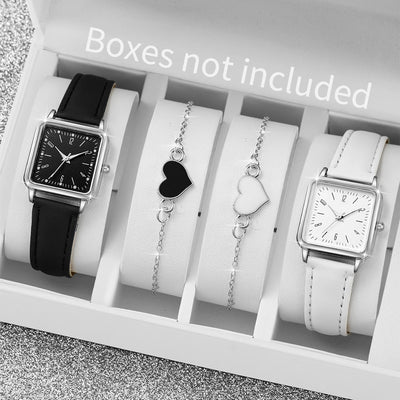 2/4PCS Fashion Square Women's Watch Leather Band Quartz Watches Heart Bracelet Set（Without Box） - Smarsty