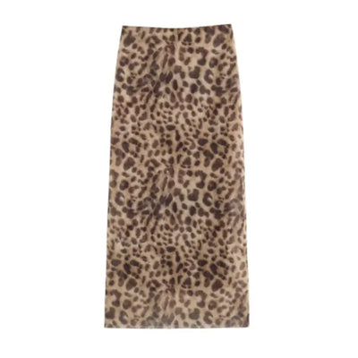 Women Leopard Tulle Midi Skirt 2024 Summer Fashion High Waist Elasticated Waistband Long Skirts Streetwear - Smarsty