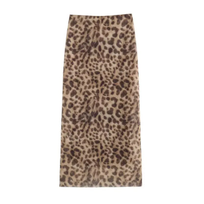 Women Leopard Tulle Midi Skirt 2024 Summer Fashion High Waist Elasticated Waistband Long Skirts Streetwear - Smarsty