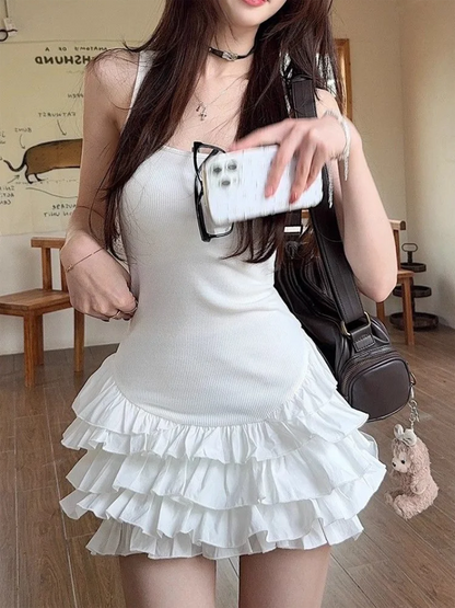 Chic Y2K Sleeveless Mini Dress For Woman Summer Black Dresses Sexy Clubwear Party Slim fit Ruffle Pleated Short Dress - Smarsty