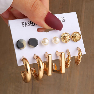 Gold Color Vintage Geometric Pearl Earrings Set For Women - Smarsty