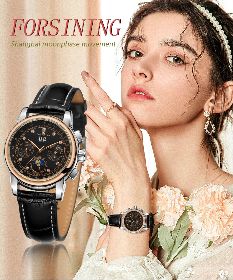 Luxury Women's Automatic Mechanical Wrist Watch with Diamond Moon Phase - Smarsty
