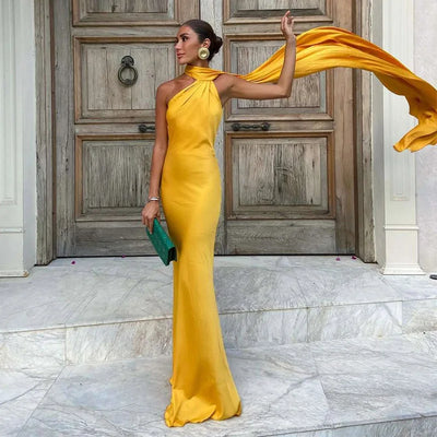 Elegant Women's Ribbon Long Satin Party Dress Halter Backless Sleeveless Female Dresses 2025 Summer Lady Solid Evening Gowns - Smarsty