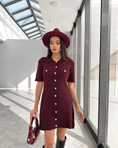 Trendix Elegant Knit Mini Dress Women Street Slim High Waist Short Sleeve Rib Sweater Dresses Vacation Bodycon Knitwear Dress - Smarsty