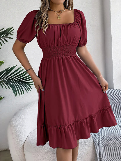 Women's MIidi Dresses 2024 Summer Casual Square Neck Short Sleeved Waist Ruffle Edge Dress Dress Women Elegant Платья Женские - Smarsty