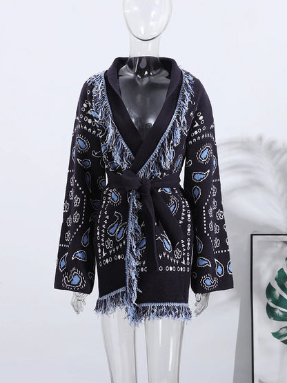 Tassel Patchwork Printed Cardigan Women Geometric Patterns Belts V-neck Long Sleeve Knitted Street Lady Sweater 2025 Autumn Coat - Smarsty