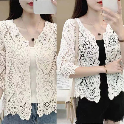Women Knitted Lace Shrug Boho Hollow Crochet Floral 3/4 Sleeves Open Front Cropped Cardigan Elegant Mesh Sweater Coveup - Smarsty