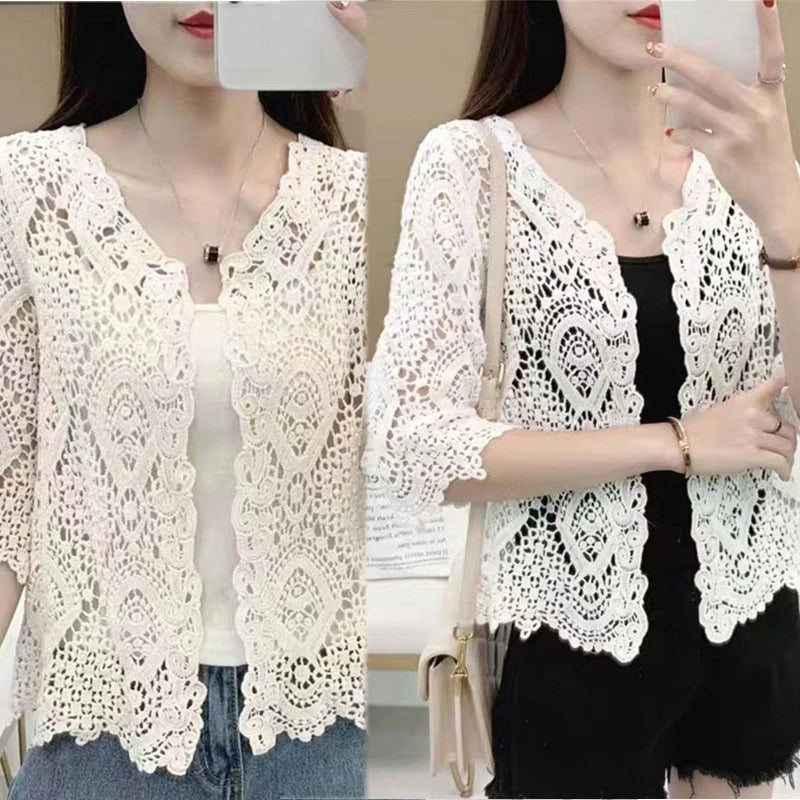 Women Knitted Lace Shrug Boho Hollow Crochet Floral 3/4 Sleeves Open Front Cropped Cardigan Elegant Mesh Sweater Coveup - Smarsty