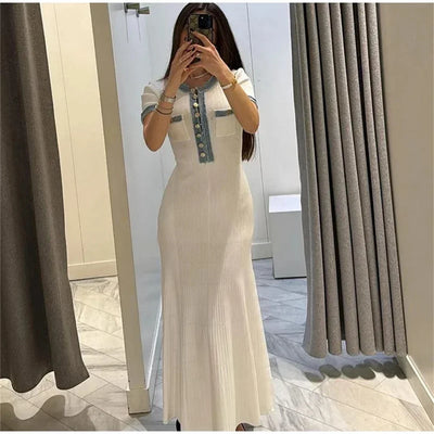 Elegant Contrasting Women Knit Maxi Dress Chic O-neck Short Sleeve Metal Buttons Bodycon Dresses Office Lady Commuting Robe - Smarsty