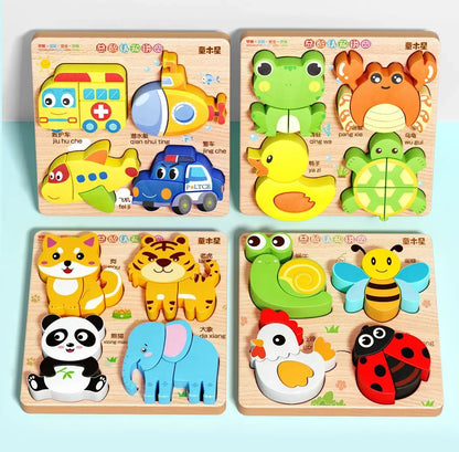Montessori Cartoon 3D Wooden Puzzle Animal Traffic Jigsaw Toys for Kids Early Learning Educational Cognitive Game Children Gifts by Smarsty