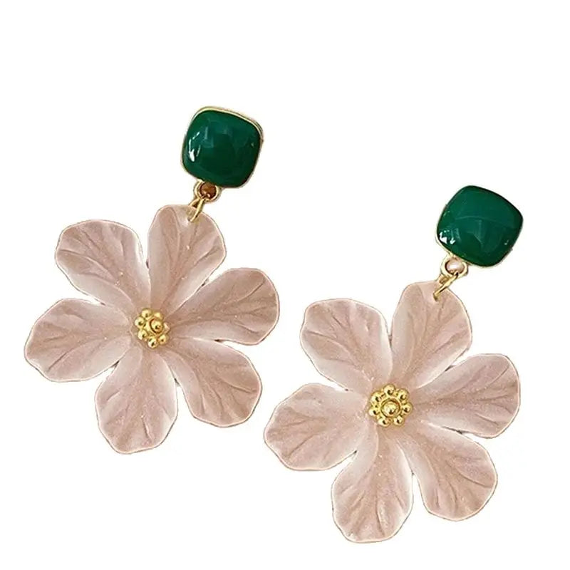Bohemian White Flower Drop Earrings for Women in Green Epoxy - Smarsty