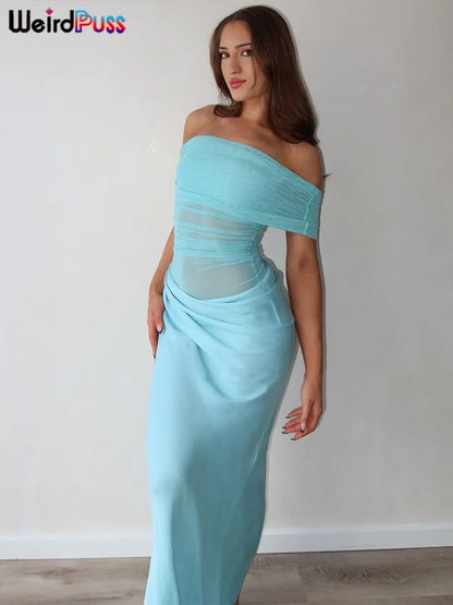 Weird Puss Ruched Irregular Dress Women Mesh Patchwork Slash Neck Short Sleeve Skinny Stretch Trend Elegant Long Bodycon Outfits - Smarsty