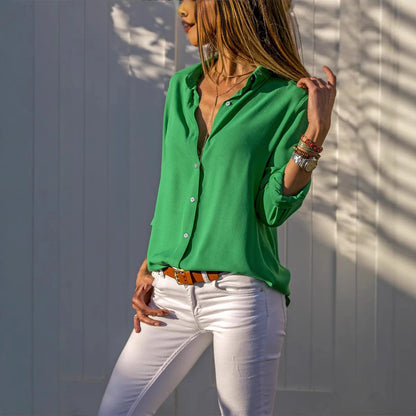 Women's summer outdoor long-sleeved lapel solid color versatile shirt fashion casual ladies single-breasted cardigan tops - Smarsty