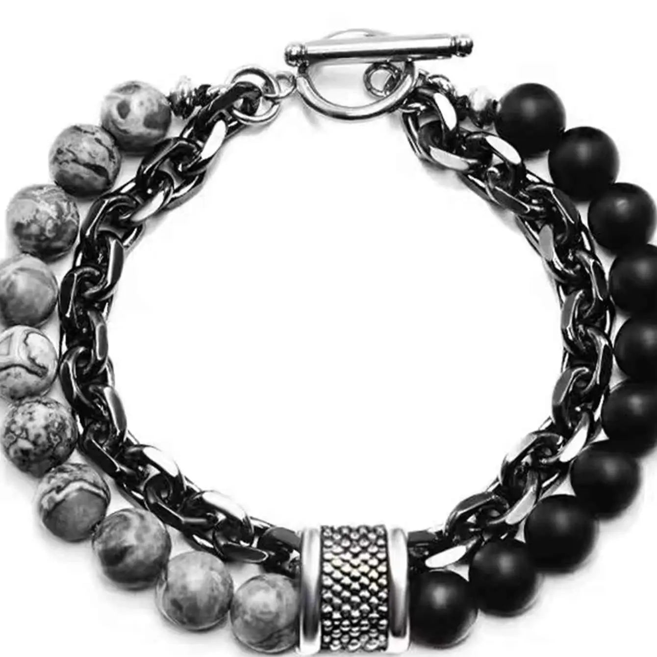 Punk Black Beaded Chain Bracelet for Men - Smarsty