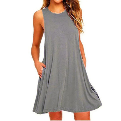 Women's Dress Summer Casual T Shirt Dresses Beach Cover up Plain Pleated Tank Pockets Dress - Smarsty