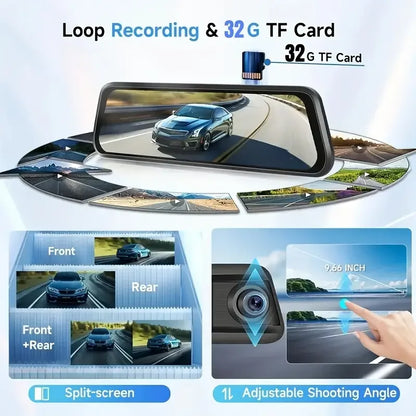 9.66"IPS Touch Screen Mirror Dash Cam Front and Rear, 4K Dual Recording, AHD Backup Camera, Night Vision, G-Sensor. Limited Time