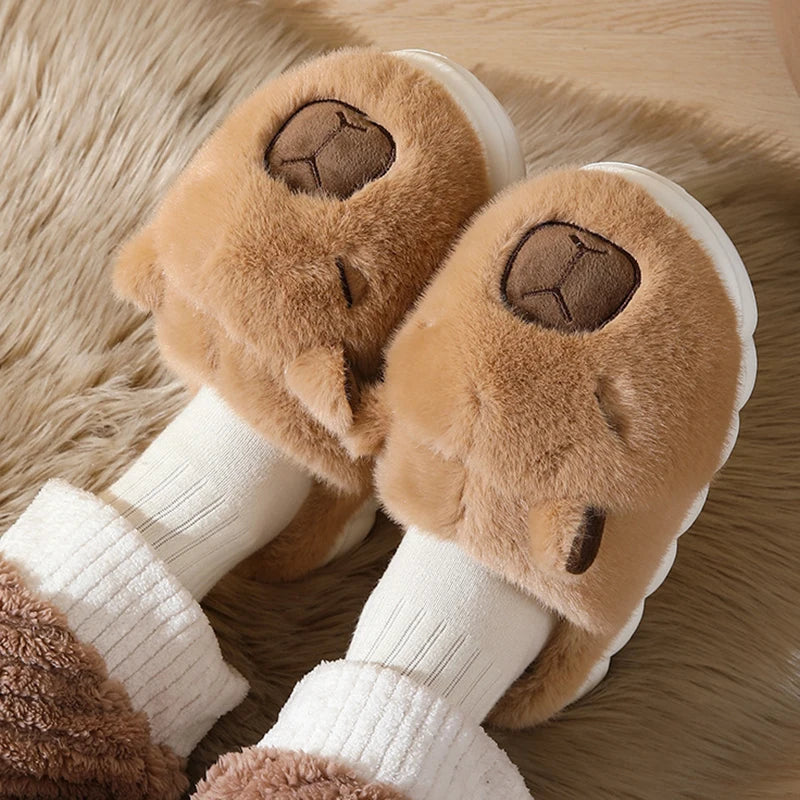 Cute Capybara Cotton Slippers Women Autumn Winter Indoor Soft Sole Warm Fur Slides Woman Comfort Non Slip Home Slippers Female - Smarsty