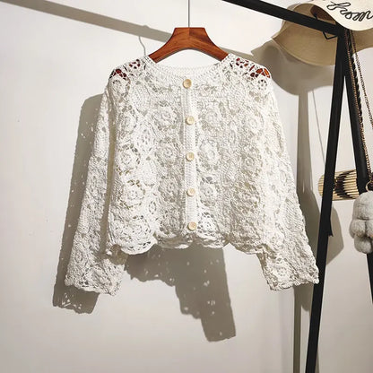 Lace Small Shawl Cotton Cardigan female 2023 spring and summer o neck long sleeve solid casual Versatile Hollow Cardigan Female - Smarsty