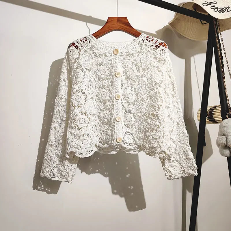 Lace Small Shawl Cotton Cardigan female 2023 spring and summer o neck long sleeve solid casual Versatile Hollow Cardigan Female - Smarsty