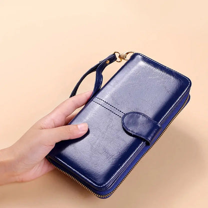 Women's Vintage Oil Wax PU Leather Clutch Wallet Female Large Capacity Phone Purse Ladies Wristband Simple Card Holder Pouch Bag - Smarsty