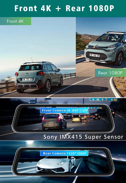4K Dash Cam With Rearview Mirror Display and GPS WiFi - Smarsty
