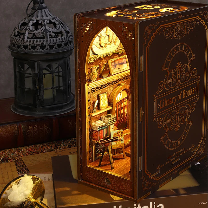 DIY Book Nook Shelf Insert Kit 3D Wooden Puzzle Doll House Assembly Building Model Bookends With Furniture LED Light Xmas Gifts by Smarsty