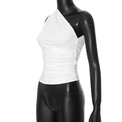 Solid Color One Shoulder Backless Shrink Tank Top T-Shirt Candy Color Tight Sexy Sleeveless Neckless Slim Casaul Top - Smarsty