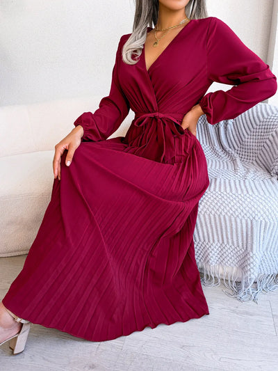 Women Elegant V Neck Long Sleeve Pleated Maxi Dress - Smarsty