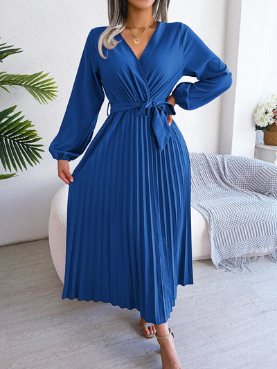 Women Elegant V Neck Long Sleeve Pleated Maxi Dress - Smarsty