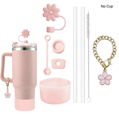 9pcs Accessories Set 3 Spill Proof Stopper Flowers Straw Cover Boot 2 Straw and Brush and 1 Flower Charm Chain for Stanley Cup - Smarsty