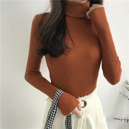 2024 Autumn Winter Thick Sweater Women Knitted Ribbed Pullover Sweater Long Sleeve Turtleneck Slim Jumper Soft Warm Pull Femme - Smarsty