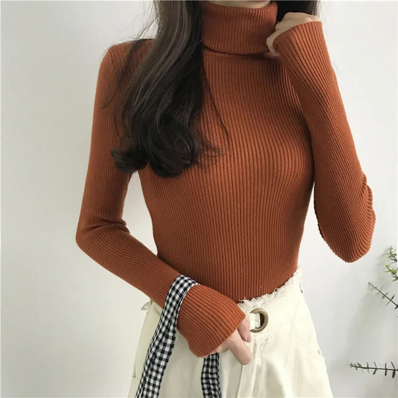 2024 Autumn Winter Thick Sweater Women Knitted Ribbed Pullover Sweater Long Sleeve Turtleneck Slim Jumper Soft Warm Pull Femme - Smarsty