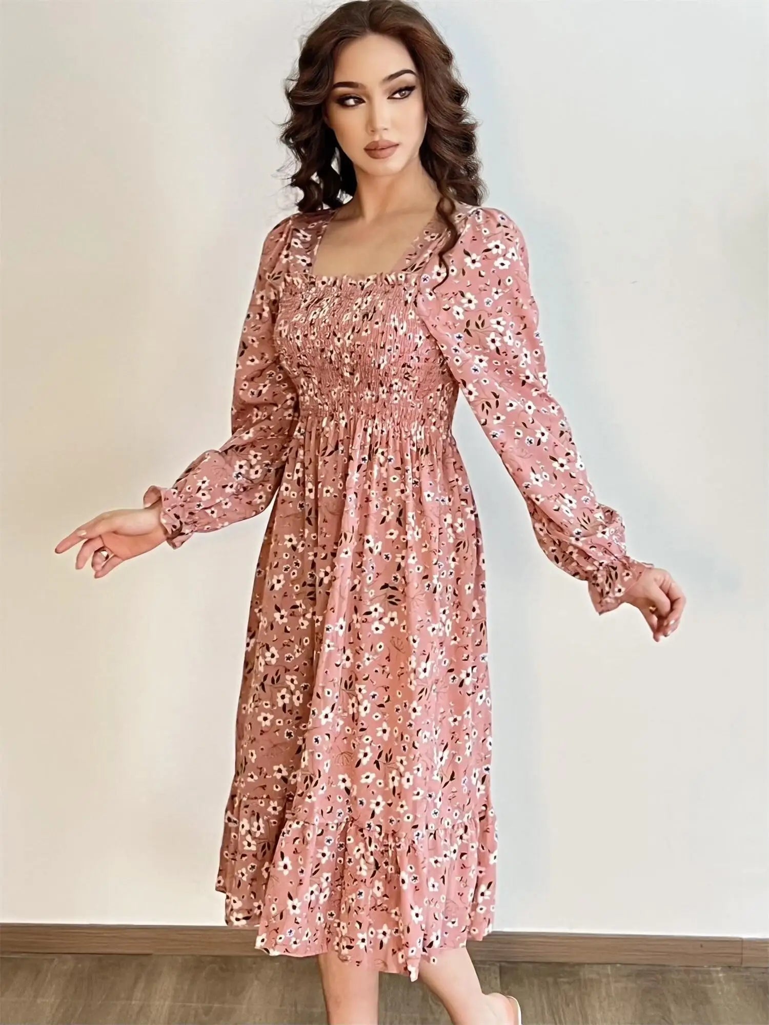 Long Sleeve Casual Dress Women Chiffon Dresses Autumn Spring A-line Printed Floral Elastic Chest Lace Up Midi Dresses Vestidos - Smarsty