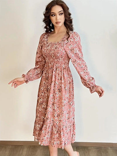 Long Sleeve Casual Dress Women Chiffon Dresses Autumn Spring A-line Printed Floral Elastic Chest Lace Up Midi Dresses Vestidos - Smarsty