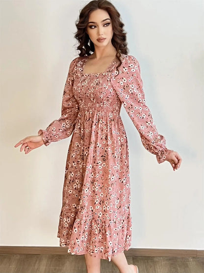 Long Sleeve Casual Dress Women Chiffon Dresses Autumn Spring A-line Printed Floral Elastic Chest Lace Up Midi Dresses Vestidos - Smarsty