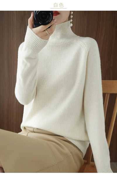 Fashion Basic Autumn Winter  Merino Wool Sweater Mock Neck Cashmere Pullover  Solid Color Soft Long Sleeve Clothing Tops - Smarsty