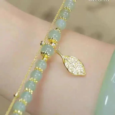 Exquisite Green Jade Bracelet for Women with Gold Leaves - Smarsty