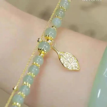 Exquisite Green Jade Bracelet for Women with Gold Leaves - Smarsty