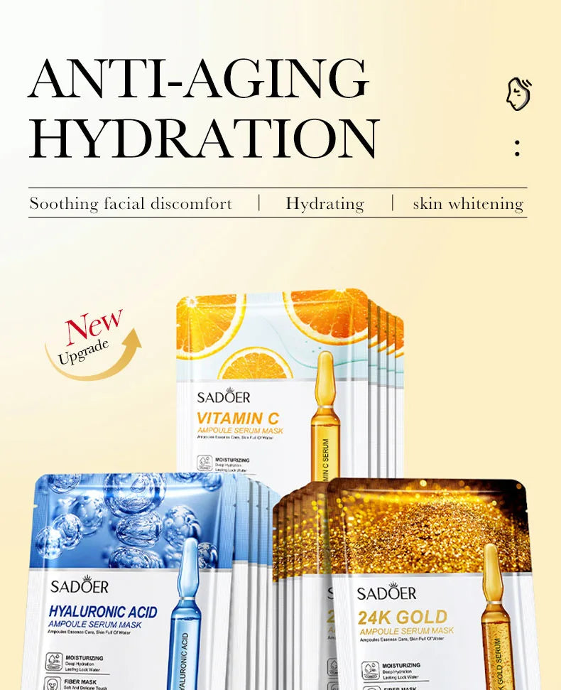 15pcs 24K Gold Hyaluronic Acid Face Masks for Hydration and Brightening - Smarsty