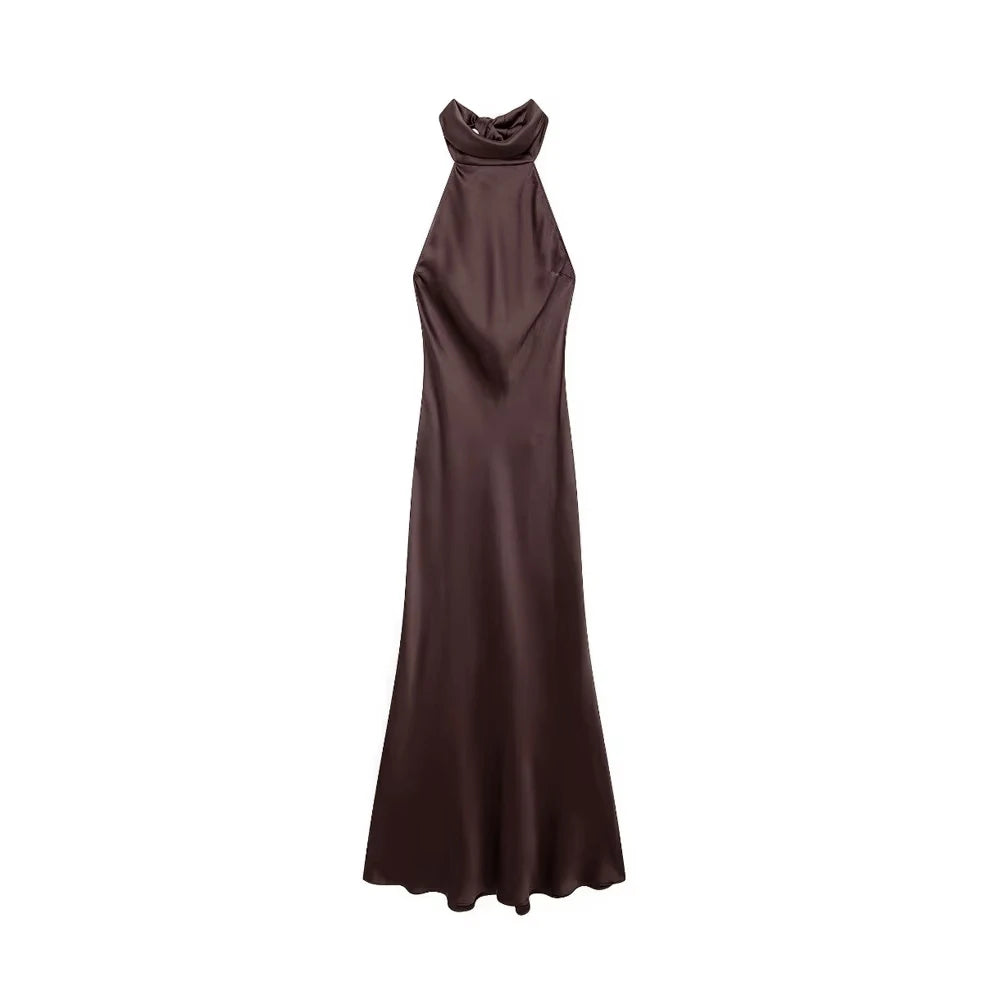 TRZA-Women's Long Satin Halter Dress, Backless, Bow Tied, Back Zipper, Female Dresses, Sexy Fashion - Smarsty