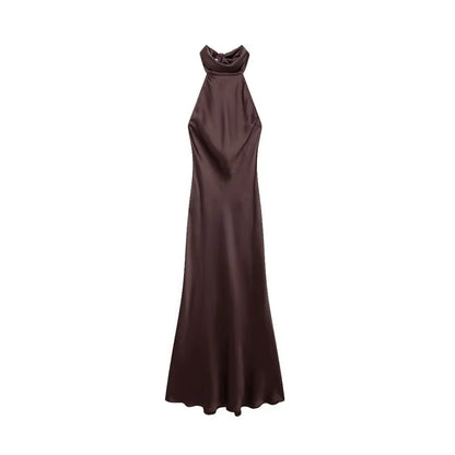 TRZA-Women's Long Satin Halter Dress, Backless, Bow Tied, Back Zipper, Female Dresses, Sexy Fashion - Smarsty