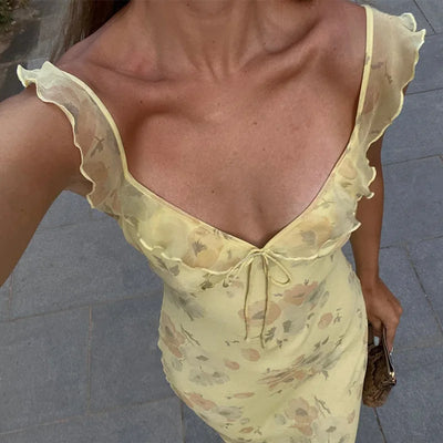 Cryptographic Summer Floral Print Plunge Maxi Dress Outfits Sexy Backless Fairy Sun Dresses Vacation Beachwear Vestido Coquette - Smarsty
