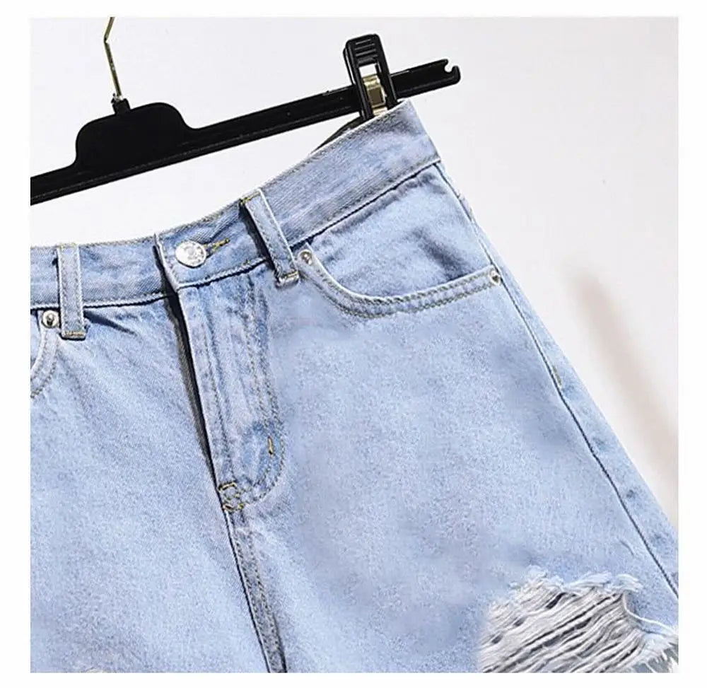 Summer Women's Cowboy Shorts Korean High Waist Casual Denim Shorts Pocket Tassel Perforated Ripped Holes Y2K Girls White Jeans - Smarsty