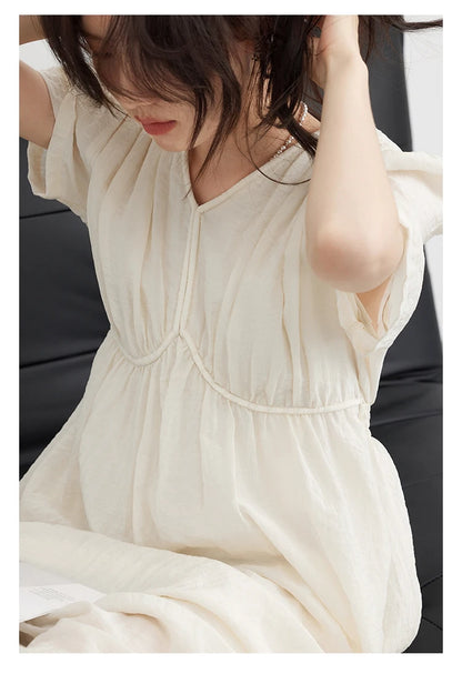 CHIC VEN Women Dresses French Style Vintage V-neck Puff Sleeve Long Dress Solid Black Loose Female Clothing Summer New 2023 - Smarsty