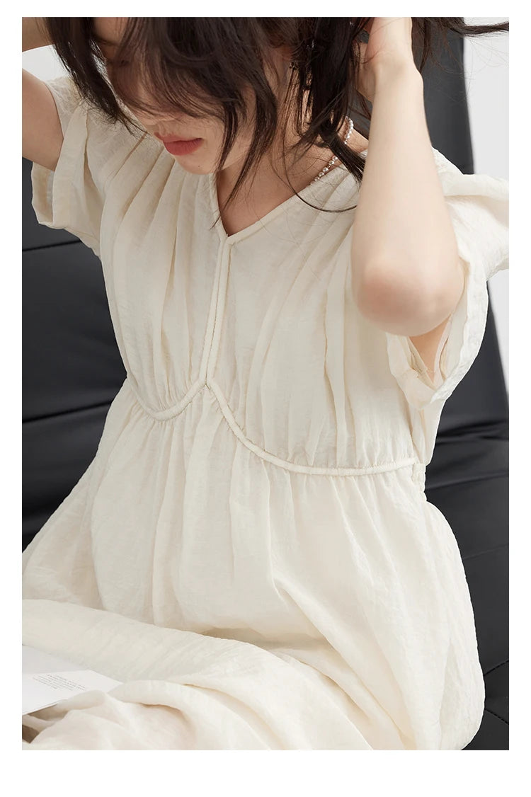 CHIC VEN Women Dresses French Style Vintage V-neck Puff Sleeve Long Dress Solid Black Loose Female Clothing Summer New 2023 - Smarsty