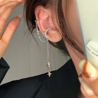 Shiny Silver Crystal Tassel Non-Piercing Ear Clip Earrings - Smarsty